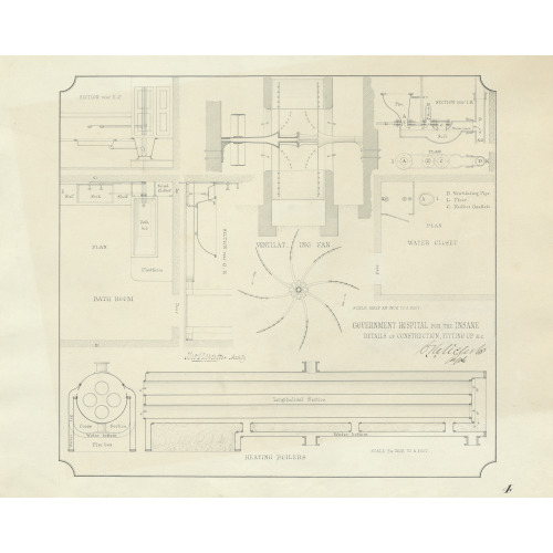 Saint Elizabeths Hospital, Washington, D.C. Boiler House. Heating Boiler, Ventilating Fan, Bathroom, And Water Closet. Plans, Elevations, And Sections, 1853