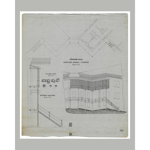 Saint Elizabeths Hospital, Washington, D.C. Howard Hall (Building No. 12). Courtyard Veranda And Staircase. Plan, Section/elevation, And Perspective Rendering, 1887