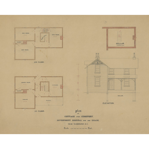 Saint Elizabeths Hospital, Washington, D.C. Cottage For Cemetery. Plan Of Cellar, First, And Second Floors, Elevation Of Principal Facade, 1890