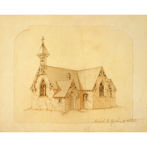 Exterior View Of Stone Church With Stick Style Bell Tower, 1850