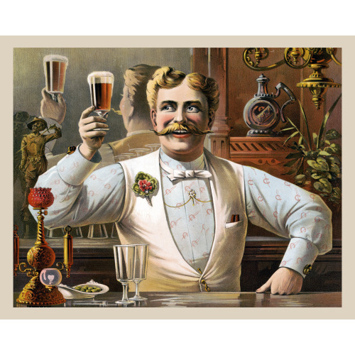 Old Timey Bartender Holding Glass of Beer, 1889